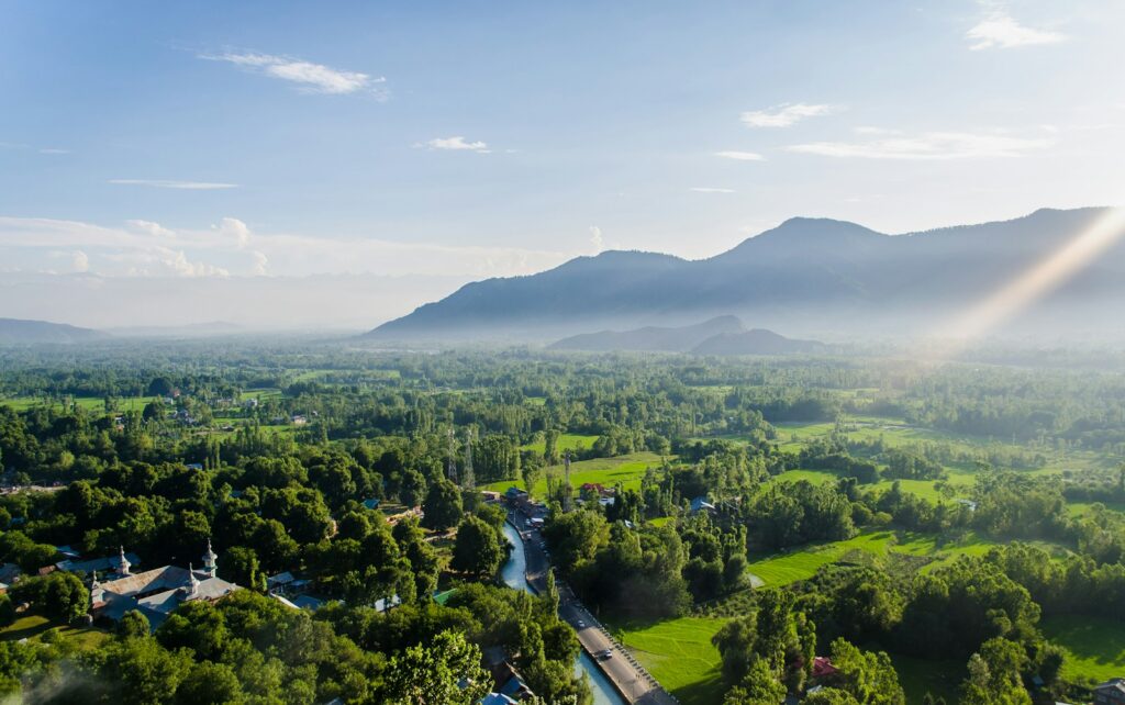 an aerial view of a lush green valley